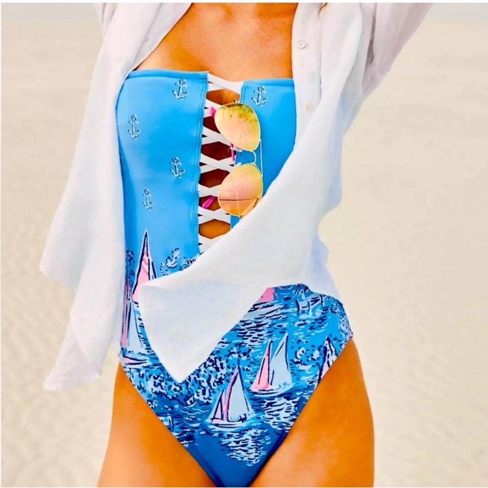 NWT Lilly Pulitzer Blue Nautical Print One Piece Swimsuit Size 10